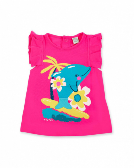 T-shirt de menina em malha fúcsia com folhos Coleção Laguna