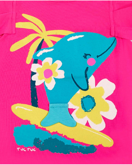 T-shirt de menina em malha fúcsia com folhos Coleção Laguna