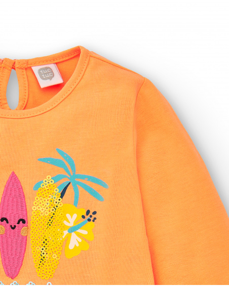 T-shirt comprida de menina em malha laranja Coleção Laguna Beach