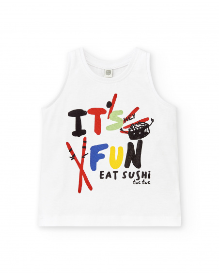 T-shirt branca de menino em malha sem mangas Coleção Hey Sushi