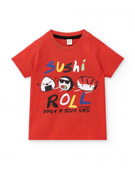 T-shirt vermelha de menino em malha Coleção Hey Sushi