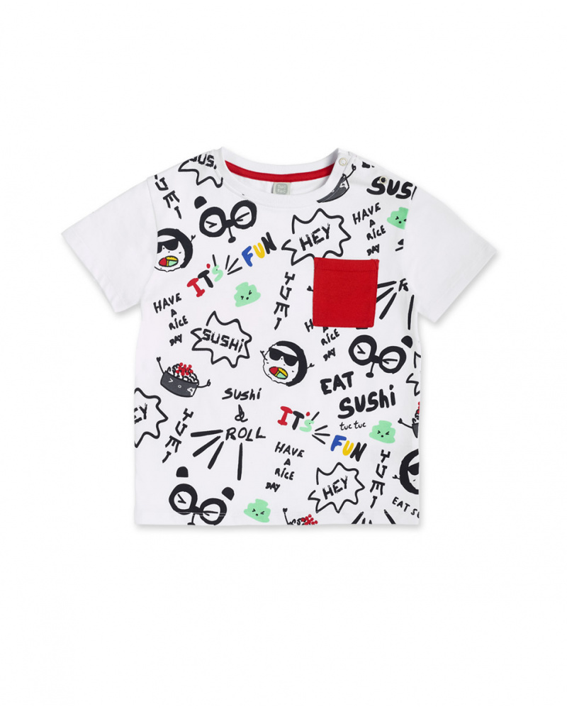 T-shirt de malha branca estampada para menino Coleção Hey Sushi
