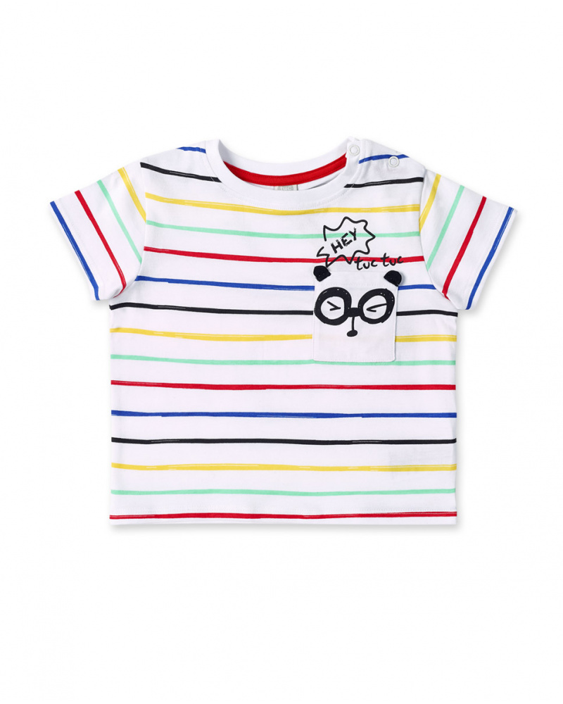 T-shirt de menino em malha branca às riscas Coleção Hey Sushi