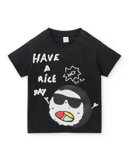 T-shirt preta de menino em malha Coleção Hey Sushi