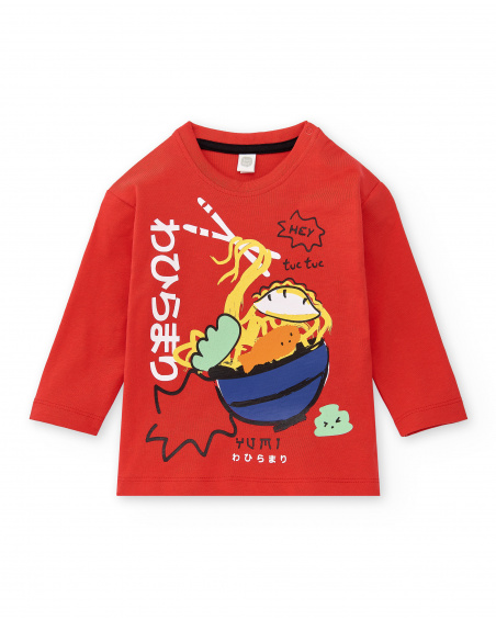 T-shirt longa de malha vermelha para menino Coleção Hey Sushi