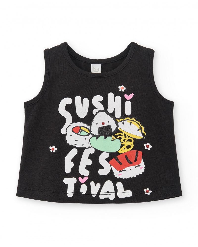 T-shirt preta de menina em malha Coleção Hey Sushi