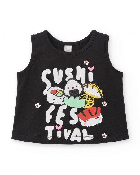 T-shirt preta de menina em malha Coleção Hey Sushi