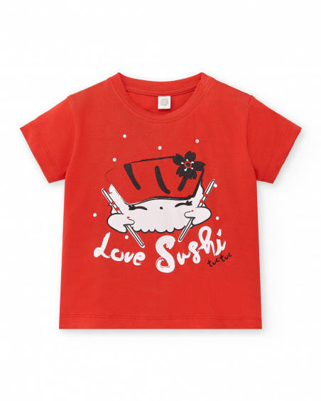 T-shirt vermelha de malha 'Love sushi' para menina Coleção Hey