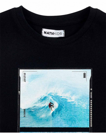 T-shirt de malha preta com imagem para menino Coleção Tenerife