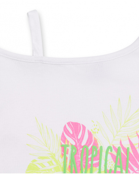 T-shirt comprida de menina em malha branca Coleção Neon Jungle