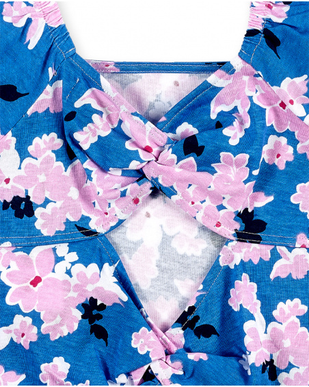 T-shirt azul de menina em malha floral Coleção Carnet De Voyage