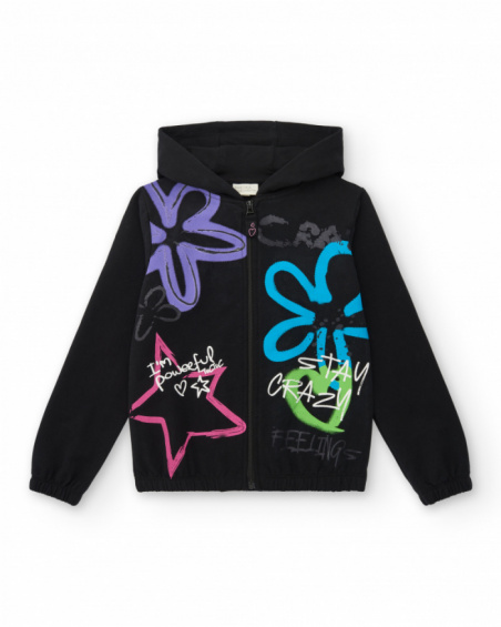 Moletom preto com capuz e estampa para meninas da coleção Crazy