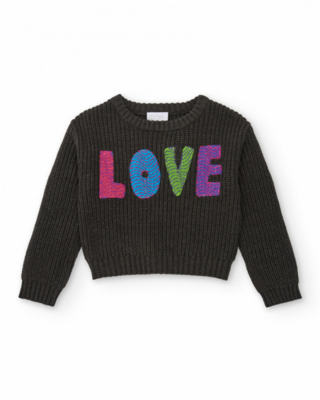 Suéter preto com letras "LOVE" em cores vivas para meninas da