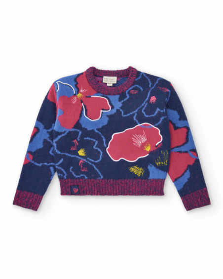Suéter azul marinho com estampa floral para meninas da coleção