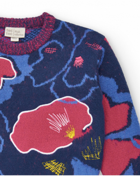 Suéter azul marinho com estampa floral para meninas da coleção