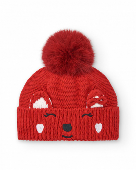 Gorro tricotado para menina em vermelho com detalhes bordados