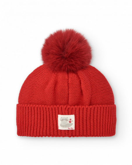 Gorro tricotado para menina em vermelho com detalhes bordados