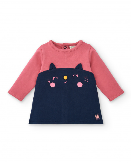 Vestido de menina rosa com desenho de gatinho azul marinho da