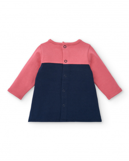 Vestido de menina rosa com desenho de gatinho azul marinho da