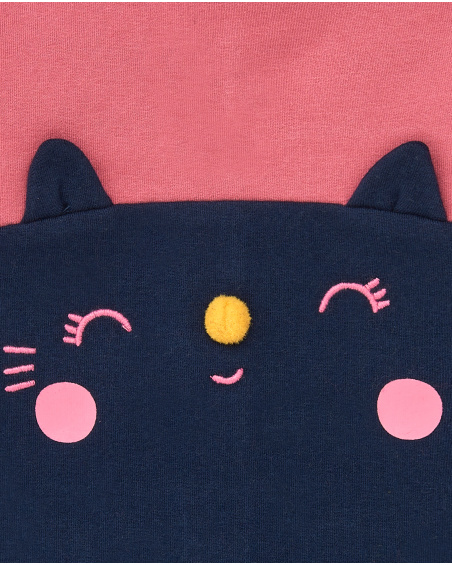 Vestido de menina rosa com desenho de gatinho azul marinho da