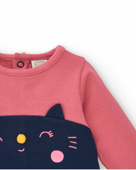 Vestido de menina rosa com desenho de gatinho azul marinho da