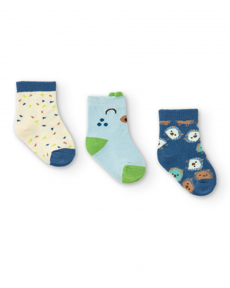 Pack de 3 meias de menino em tons de azul e bege com estampa