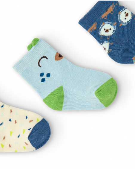 Pack de 3 meias de menino em tons de azul e bege com estampa