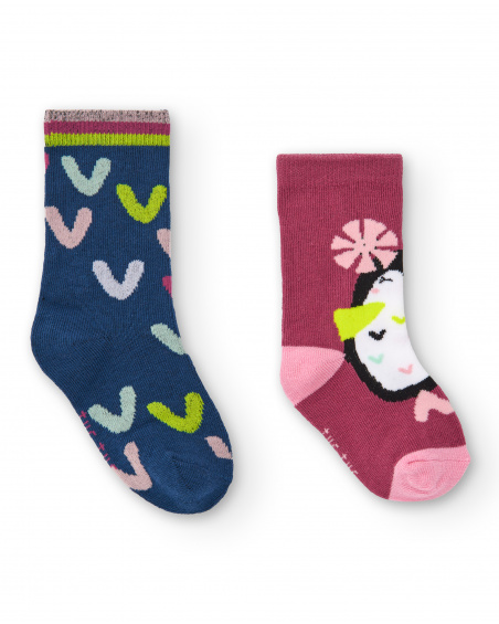Pack de meias estampadas com corações e pássaro para meninas da