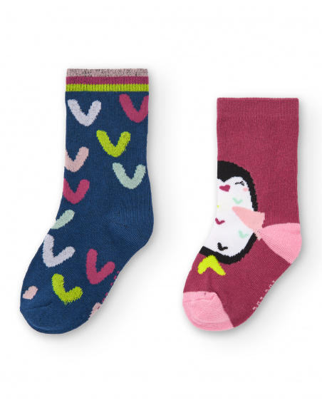 Pack de meias estampadas com corações e pássaro para meninas da