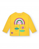 Camiseta amarela de manga comprida com arco-íris e flor para Camiseta amarela de manga comprida com arco-íris e flor para