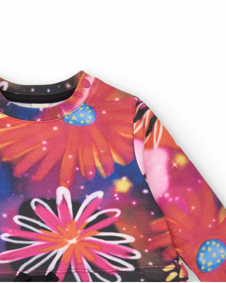 Vestido de pelúcia para meninas em fúcsia com estampa floral Vestido de pelúcia para meninas em fúcsia com estampa floral