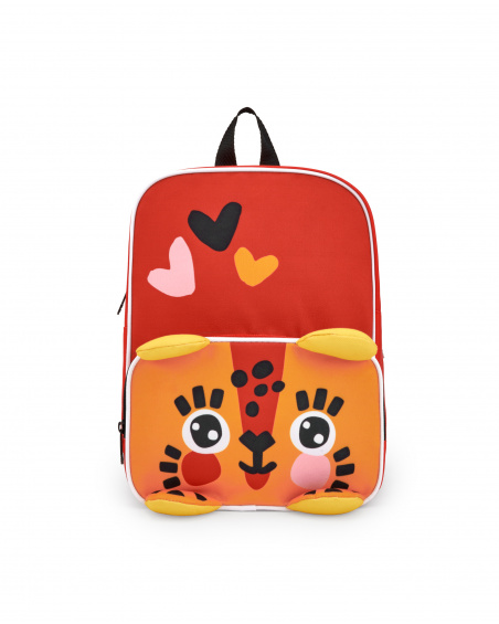 Mochila infantil vermelha com detalhes de coração e cara de