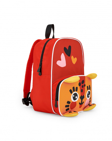Mochila infantil vermelha com detalhes de coração e cara de