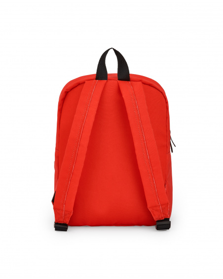 Mochila infantil vermelha com detalhes de coração e cara de