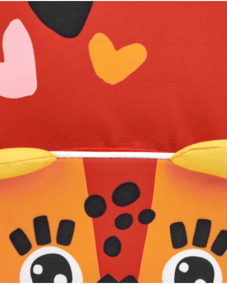 Mochila infantil vermelha com detalhes de coração e cara de