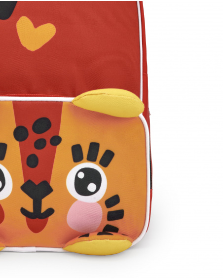 Mochila infantil vermelha com detalhes de coração e cara de