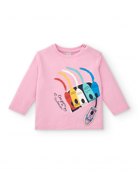 Camiseta rosa de menina com estampa colorida em giz de cera Camiseta rosa de menina com estampa colorida em giz de cera