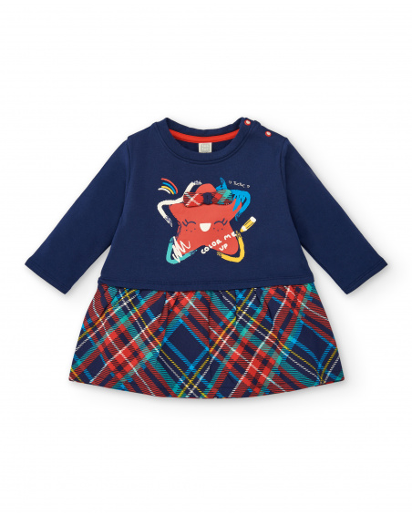 Vestido pelúcia para meninas em azul marinho com estampa e saia