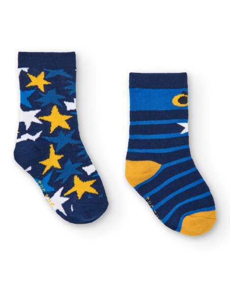 Conjunto de 2 meias menino em azul com estampa de estrelas e Conjunto de 2 meias menino em azul com estampa de estrelas e