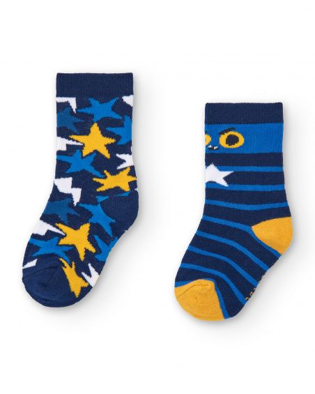 Conjunto de 2 meias menino em azul com estampa de estrelas e Conjunto de 2 meias menino em azul com estampa de estrelas e
