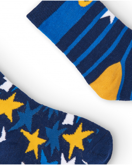 Conjunto de 2 meias menino em azul com estampa de estrelas e Conjunto de 2 meias menino em azul com estampa de estrelas e