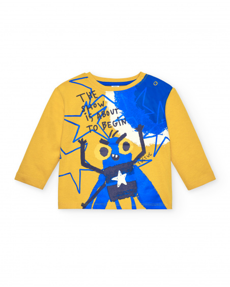 Camiseta masculina de malha amarela com estampa de personagens Camiseta masculina de malha amarela com estampa de personagens