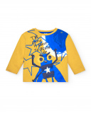 Camiseta masculina de malha amarela com estampa de personagens Camiseta masculina de malha amarela com estampa de personagens