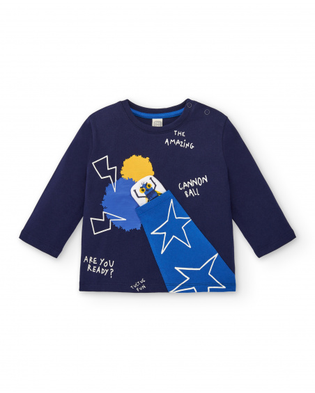 Camiseta menino em malha azul marinho com estampa canhão e Camiseta menino em malha azul marinho com estampa canhão e