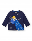 Camiseta menino em malha azul marinho com estampa canhão e Camiseta menino em malha azul marinho com estampa canhão e