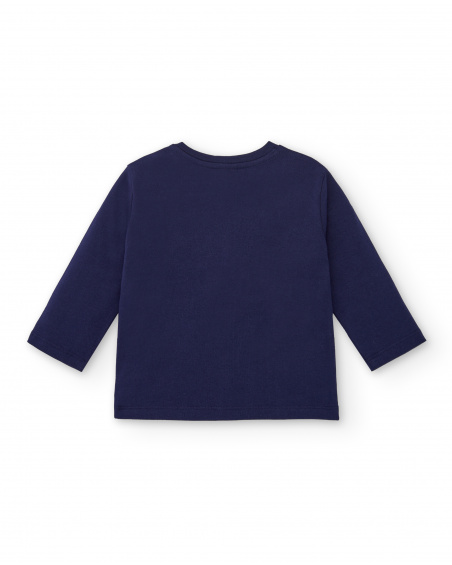 Camiseta menino em malha azul marinho com estampa canhão e Camiseta menino em malha azul marinho com estampa canhão e
