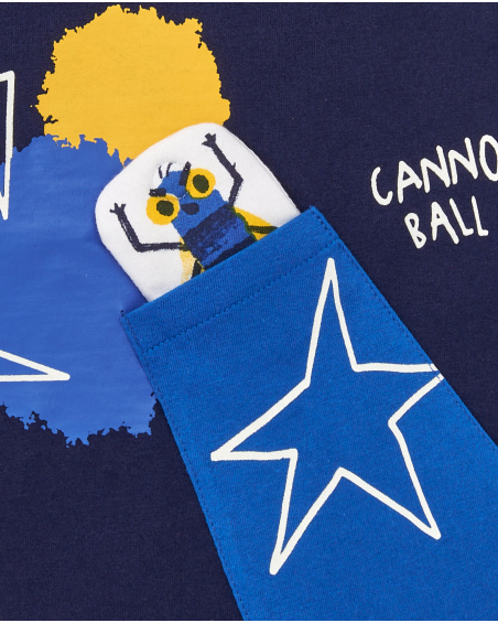 Camiseta menino em malha azul marinho com estampa canhão e Camiseta menino em malha azul marinho com estampa canhão e