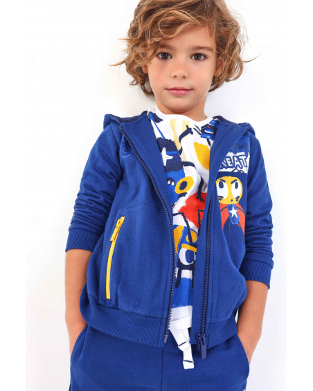 Moletom de pelúcia azul para menino com capuz e estampa gráfica