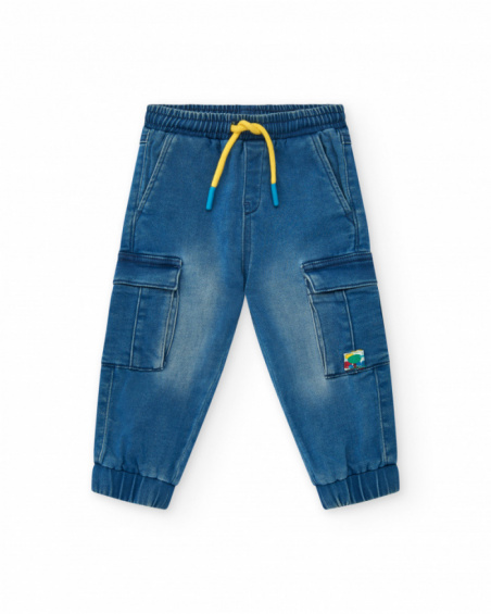 Pantalón plana niño en azul con detalles cargo Happy Garden