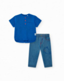 Conjunto de plana para niño con camisa azul de manga corta y